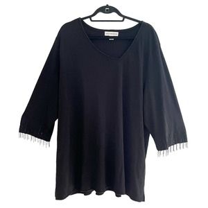 August Max Woman Top 3X Tunic Evening Blouse Beaded Fringe 3/4 Sleeves V-Neck